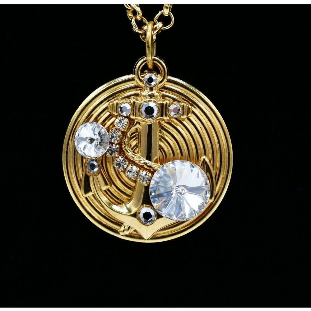 Veronique Crystal Anchor Pendant Necklace Nautical Sailor Gold Tone Signed Bin3